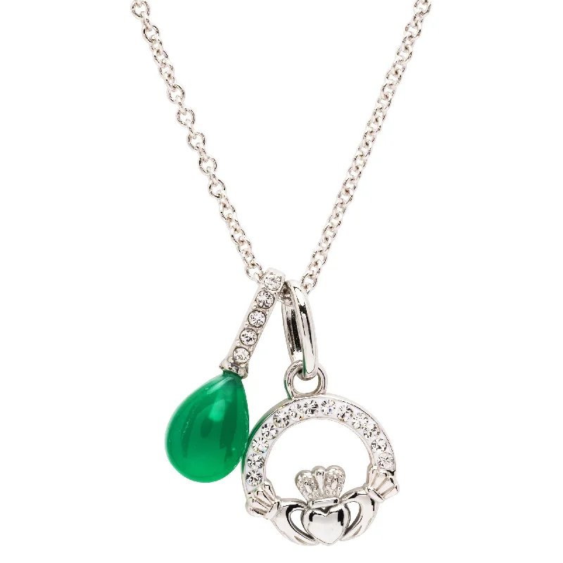 Women’s luxurious necklace-Sterling Silver Crystal and Green Agate Claddagh Pendant with Chain - SW242