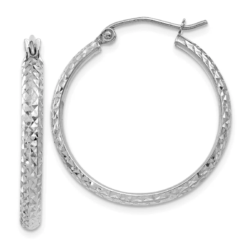 Women’s custom gold earrings-14KT White Gold 25X2.8MM Diamond-cut Hoop Earrings