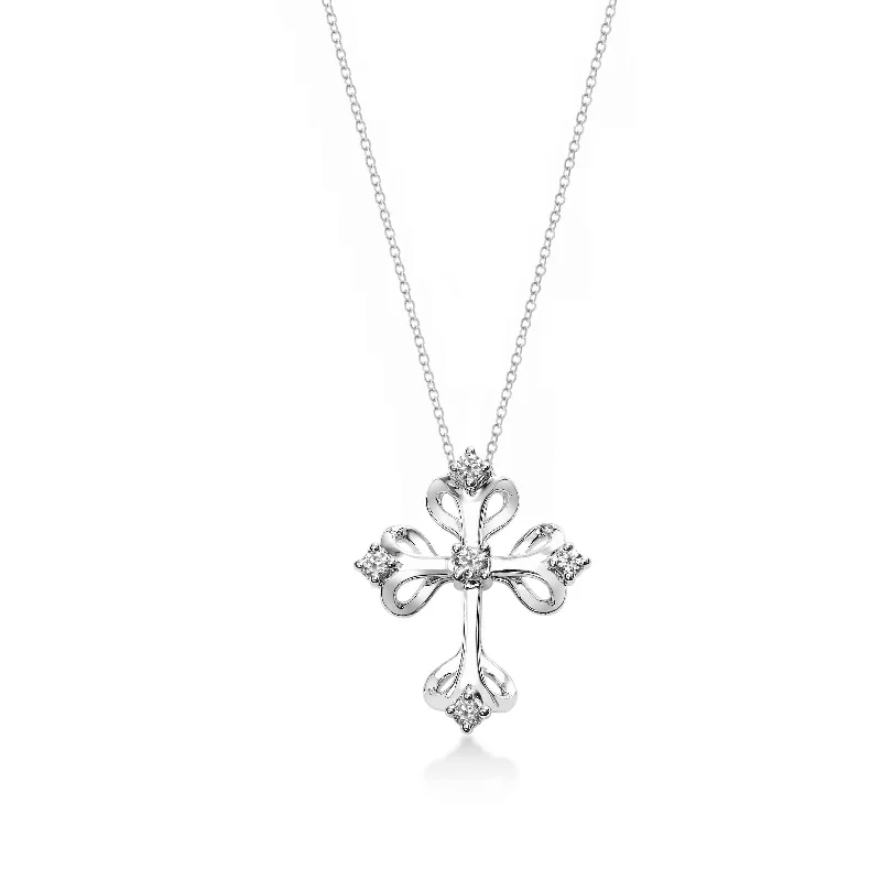 Women’s long pendant necklace-Gothic Diamond Cross Pendant, 14K White Gold