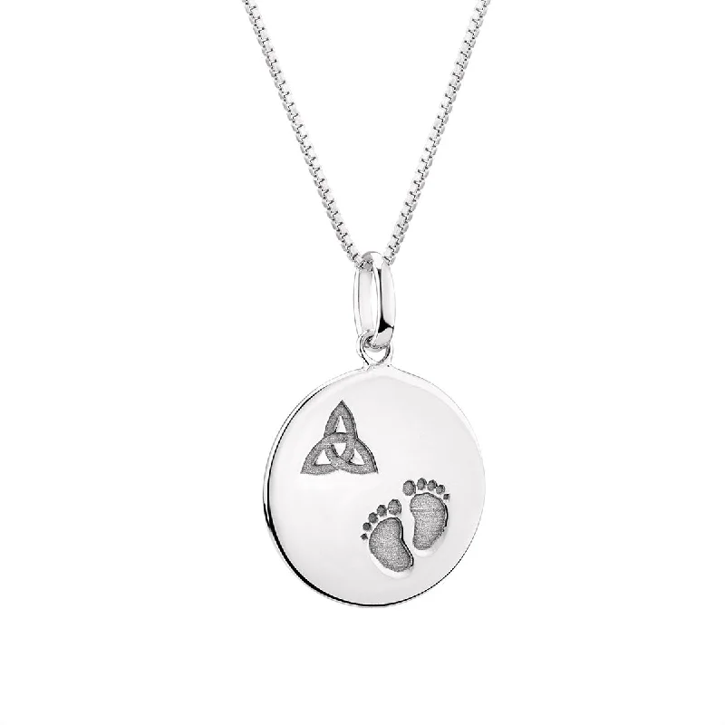 Women’s elegant necklace-Sterling Silver Celtic Trinity Knot Baby Feet Disc Pendant with Chain S46890