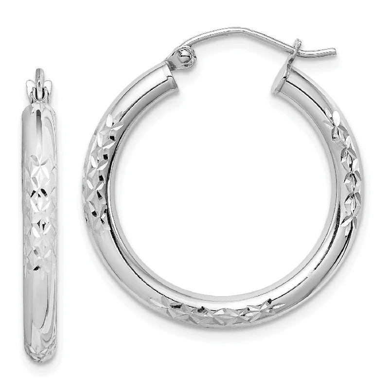 Women’s wedding earrings-10KT White Gold 25X3MM Diamond-cut Hoop Earrings