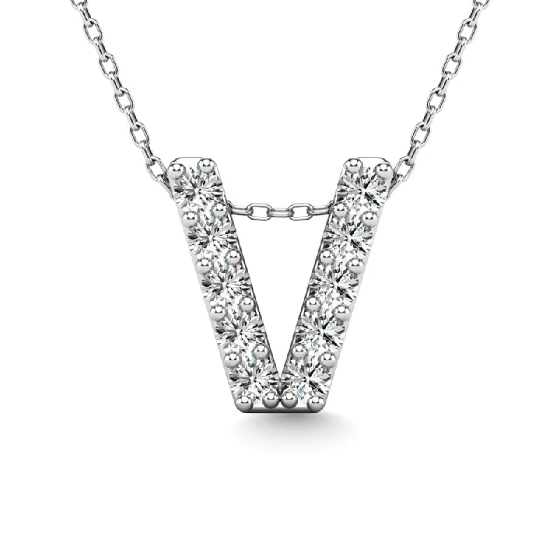 Women’s chunky necklace-Diamond 1/10 Ct.Tw. Letter V Pendant in 14K White Gold"