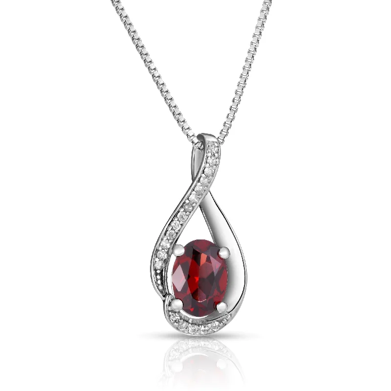 Women’s boho necklace-Oval Garnet Diamond Swirl January Birthstone Pendant in Sterling Silver