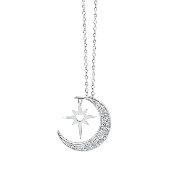 Women’s delicate necklace-Crescent Moon Love Star Diamond Pendant in Sterling Silver