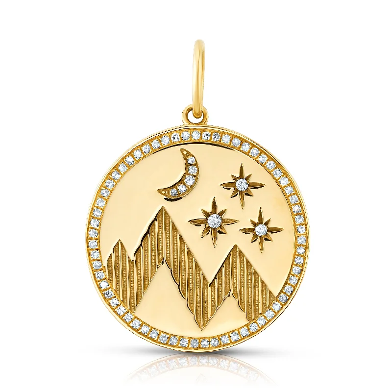 Women’s silver pendant necklace-MOUNTAIN MOON & STARS DIAMOND PENDANT 14kt GOLD