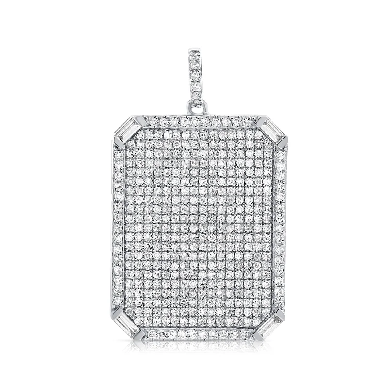 Women’s cubic zirconia pendant necklace-14K White Gold Round+Baguette Diamond Rectangle Pendant