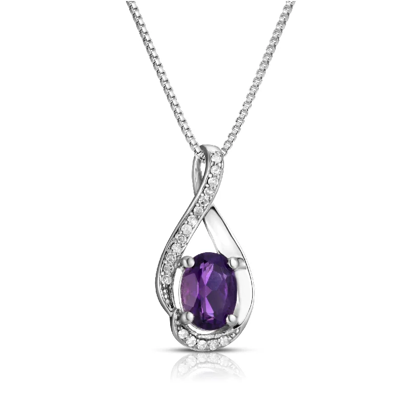 Women’s multi-layered necklace-Oval Amethyst Diamond Swirl February Birthstone Pendant in Sterling Silver