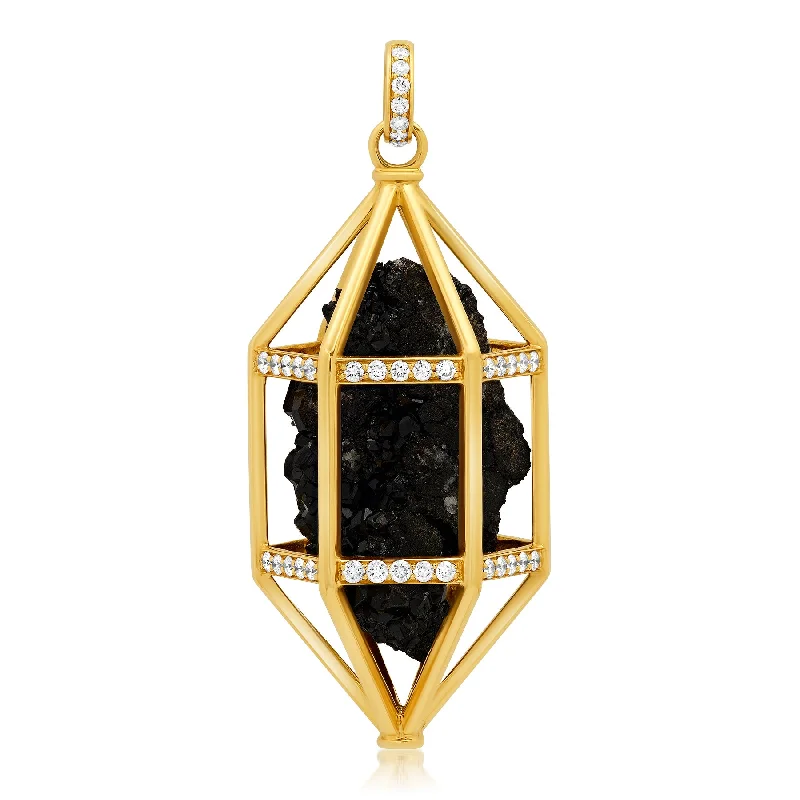 Women’s boho necklace-BLACK TOURMALINE & DIAMOND CAGE PENDANT, 14kt GOLD