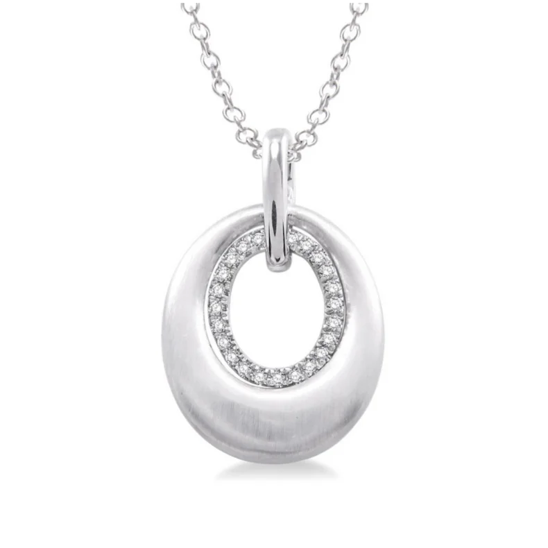 Women’s engraved necklace-Sterling Silver 1/20ctw Oval Shape Single Cut Diamond Pendant in Sterling Silver with Chain