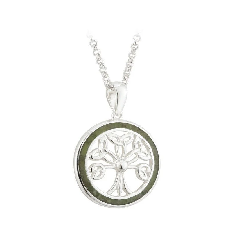 Women’s minimalist necklace-Sterling Silver Connemara Marble Tree of Life Pendant with Chain - S45531