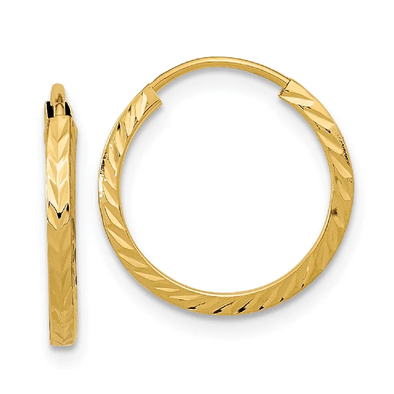 Women’s playful earrings-14KT Yellow Gold 15X1.35MM Diamond-cut Hoop Earrings