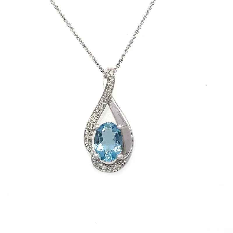 Women’s statement jewelry necklace-Oval Aquamarine Diamond Swirl March Birthstone Pendant in Sterling Silver