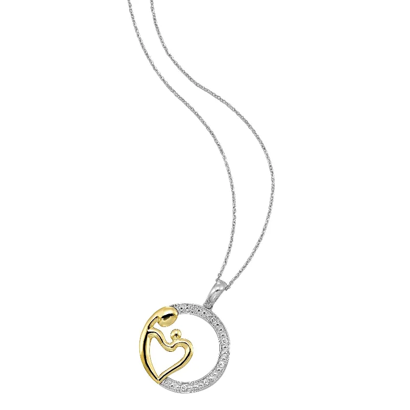 Women’s open heart necklace-Two Tone Silver Diamond Mom and Child Pendant