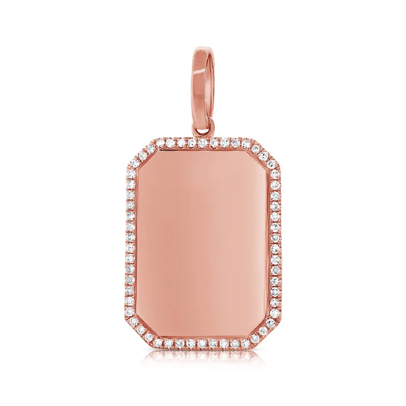 Women’s rose gold necklace-14K Rose Gold Diamond Border Polished Charm Pendant-Engraveable