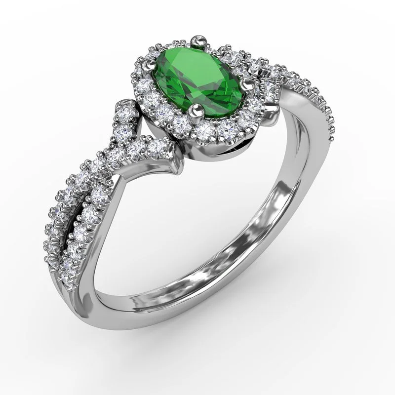 Women’s engagement ring with a halo-Swirls of Love Emerald and Diamond Twist Ring R1662E