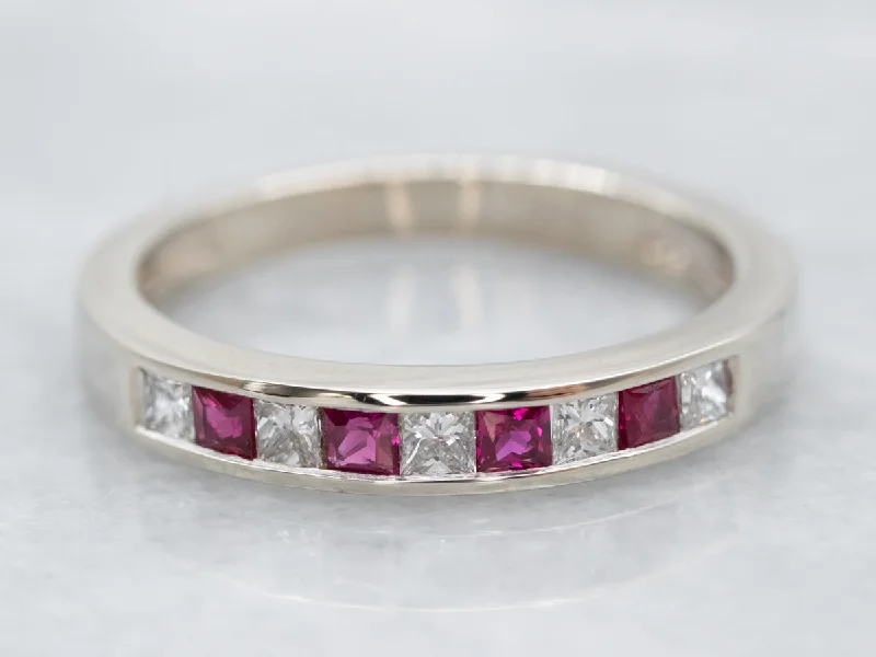 Women’s engagement ring with sapphires-Ruby and Diamond White Gold Band