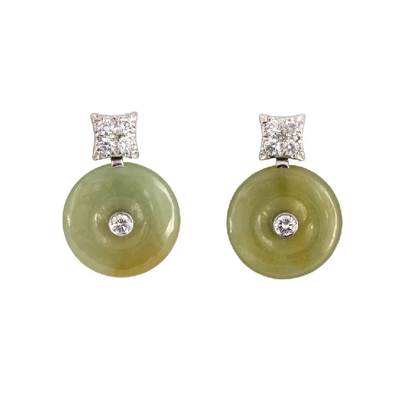 Women’s hammered gold earrings-Diamond & Green Jadeite Pi Disc Drop Earrings