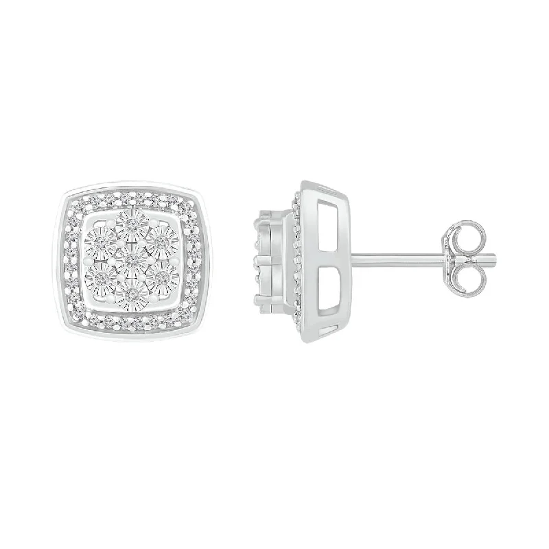 Women’s artistic earrings-1/6 CTW Diamond Cluster Stud Cushion Shaped Earrings in Sterling Silver