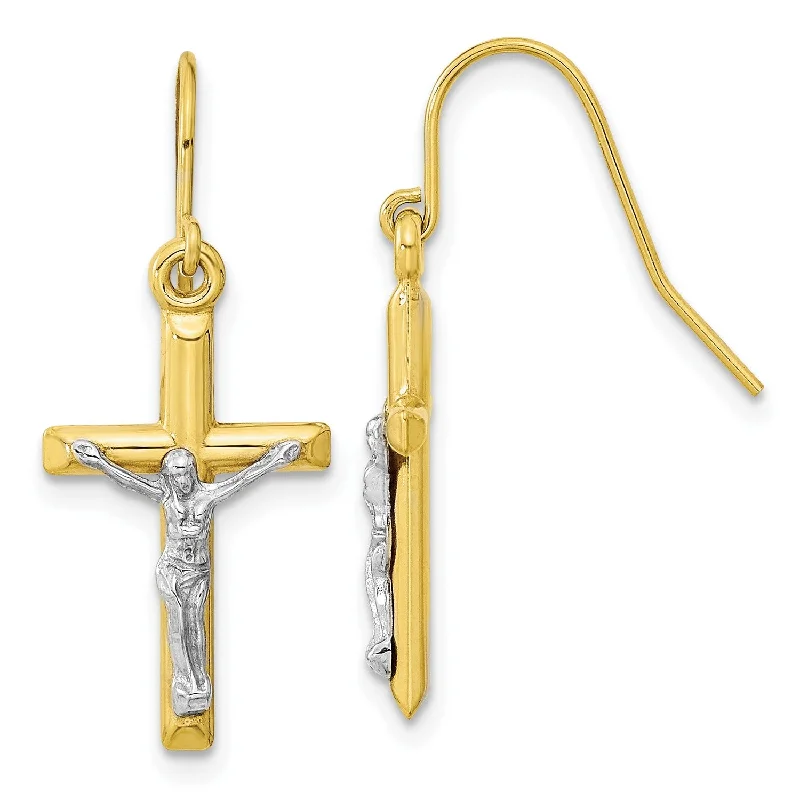 Women’s pearl earrings-10KT White and Yellow Gold 28X11MM Drop & Dangle Crucifix Cross Earrings