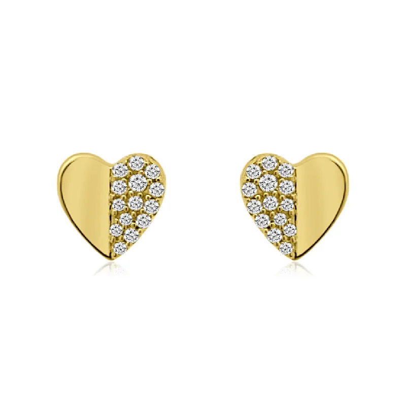 Women’s crystal earrings-Half Gold and Diamond Heart Studs