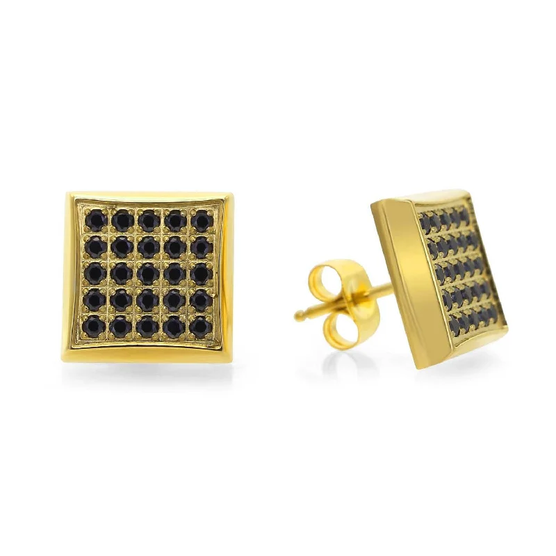 Women’s statement earrings-Yellow IP Stainless Steel Square Stud Earrings with 1/4 CTW Pave Black Diamonds