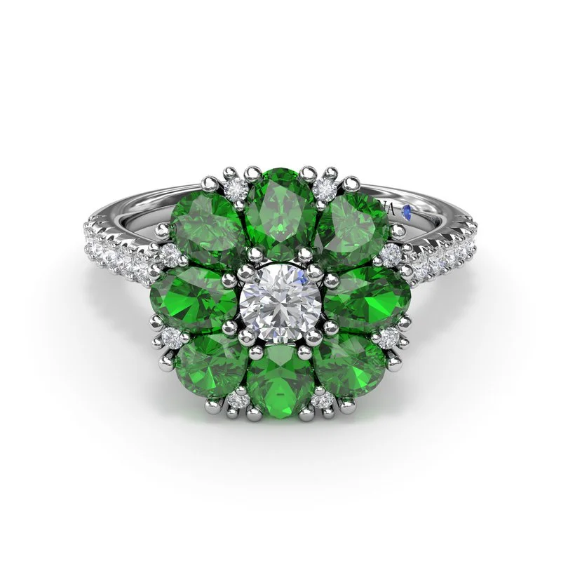 Women’s vintage-inspired engagement ring-Emerald and Diamond Cluster Flower Ring R1873E