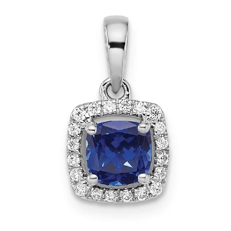 Women’s silver pendant necklace-Created Cushion Blue Sapphire Diamond Halo Pendant With Chain