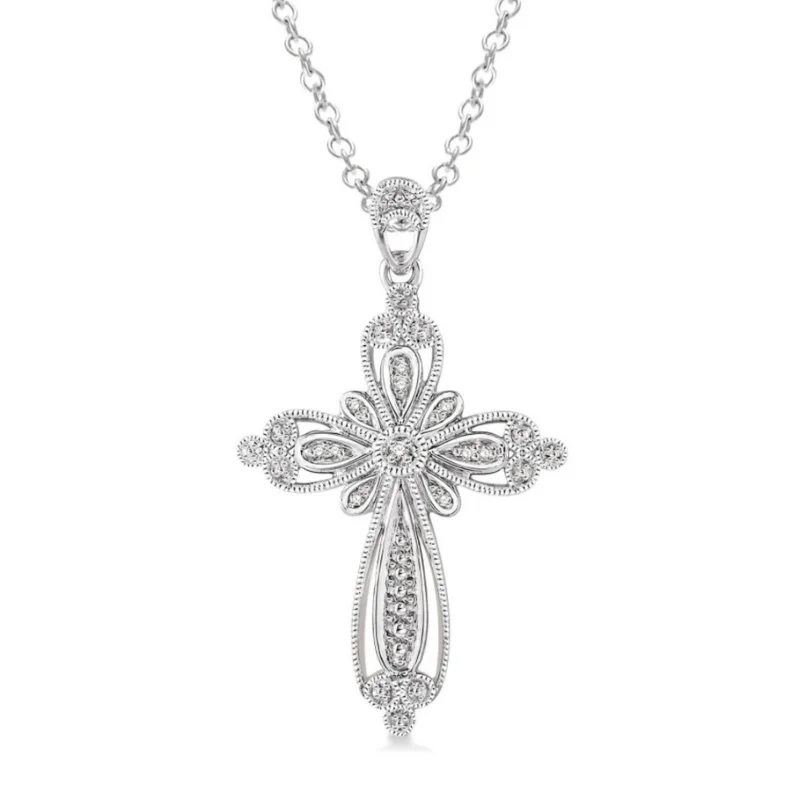 Women’s circular pendant necklace-Sterling Silver 1/20ctw Diamond Cross Pendant