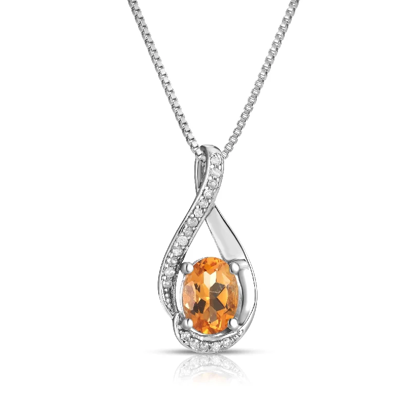 Women’s emerald necklace-Oval Citrine Diamond Swirl November Birthstone Pendant in Sterling Silver