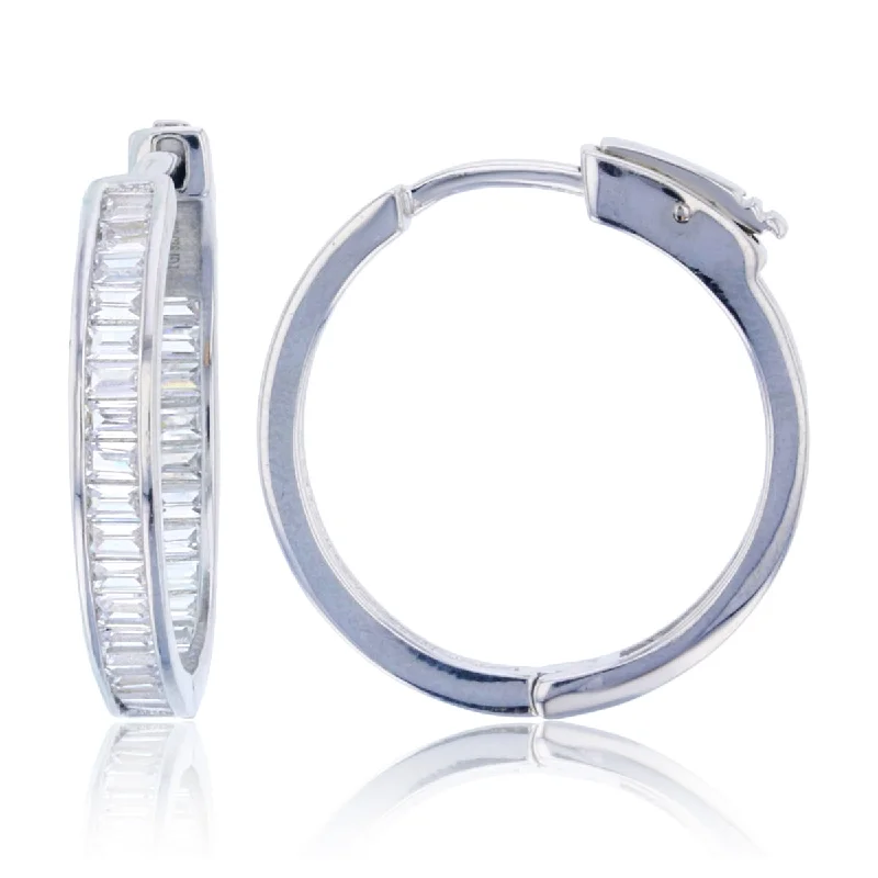 Women’s cubic zirconia earrings-Sterling Silver Baguette Cubic Zirconia 3X25MM Safety Clasp In & Out Hoop Earrings