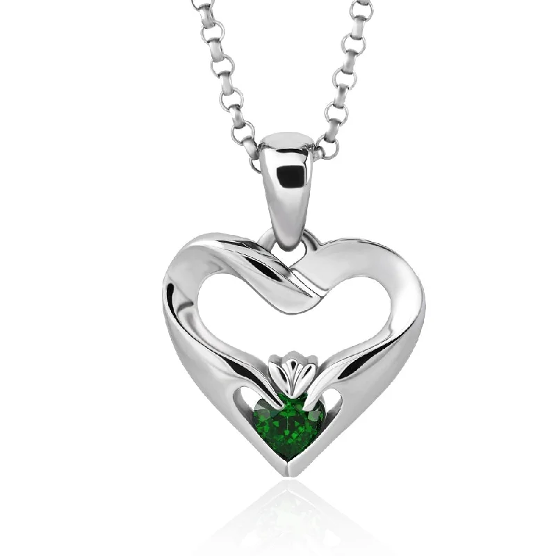 Women’s family necklace-Sterling Silver Green CZ UPS-16436GR w/Chain Ladies Modern Claddagh Pendant