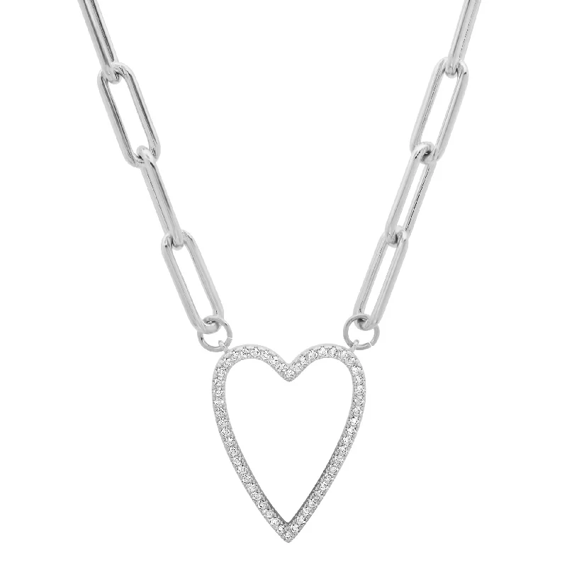 Women’s bold statement necklace-OPEN HEART PAPER CLIP CHAIN CZ SILVER