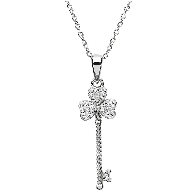 Women’s infinity necklace-Sterling Silver Shamrock Key Pendant with Chain Encrusted With Swarovski Crystal SW105