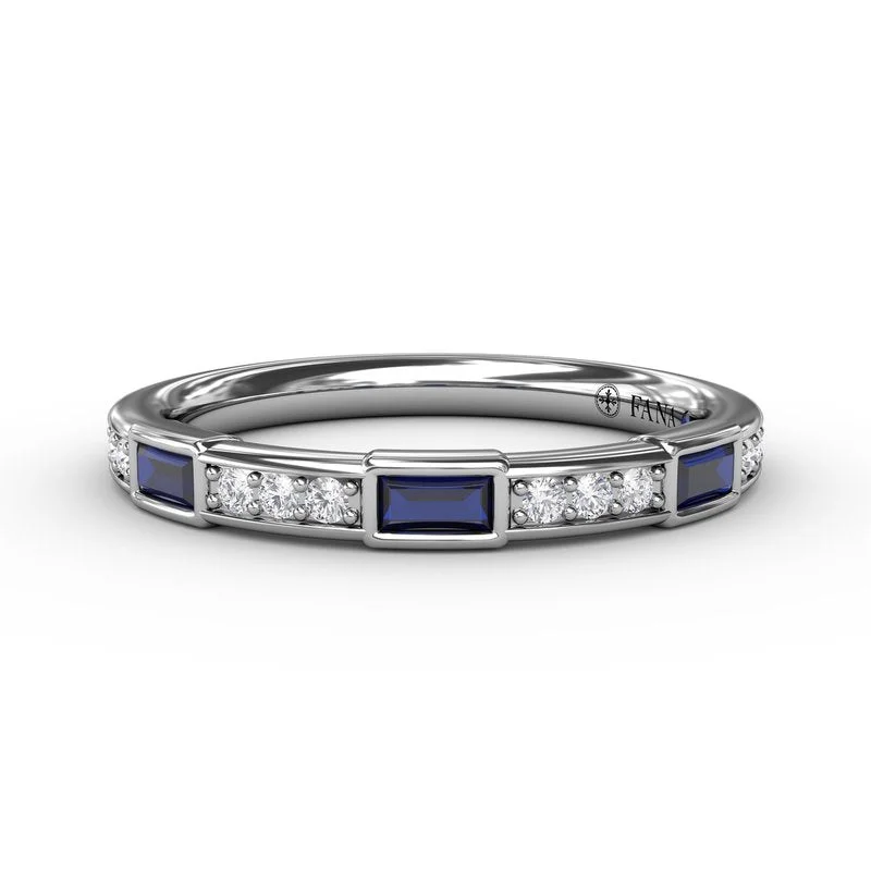 Women’s platinum engagement ring set-Sapphire Baguette and Diamond Band W7344S