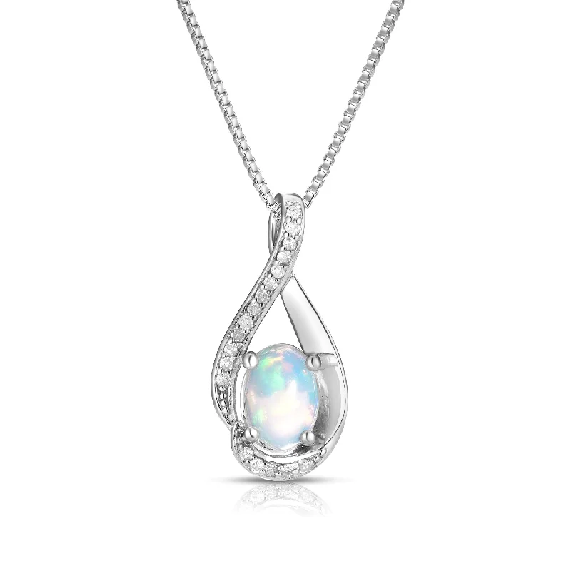 Women’s long necklace-Oval Opal Diamond Swirl October Birthstone Pendant in Sterling Silver