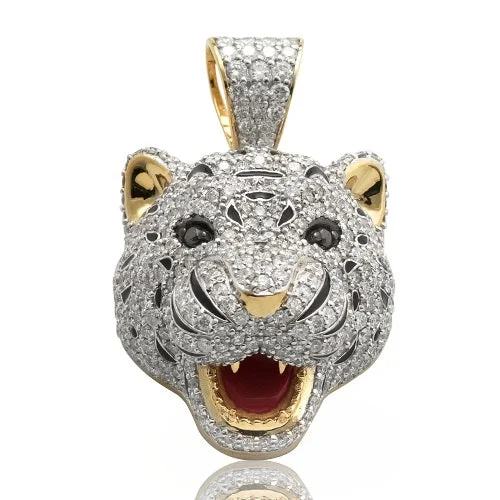 Women’s layered pendant necklace-10K 4.50ctw DIAMOND TIGER FACE PENDANT