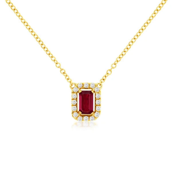 Women’s bohemian necklace-14 Karat Yellow Gold Emerald Cut Ruby Diamond Halo Pendant