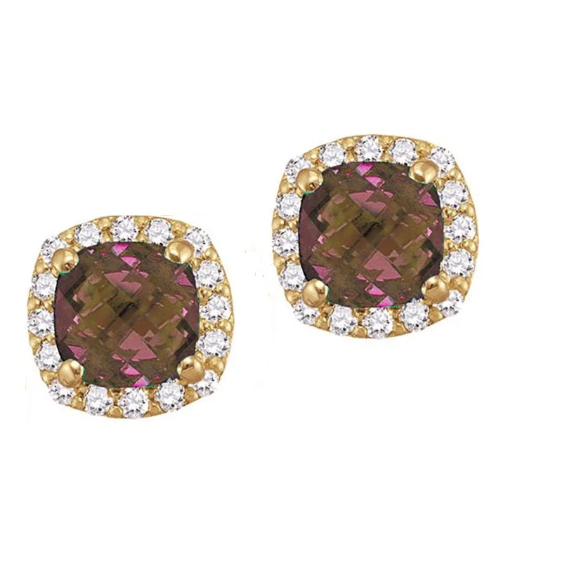 Women’s multi-colored earrings-5MM Cushion Alexandrite and White Sapphire Birthstone Halo Stud Earrings in 10KT Yellow Gold