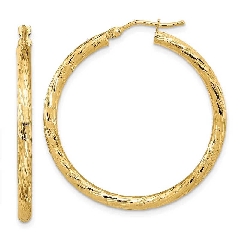 Women’s floral earrings-14KT Yellow Gold 35X33MM Diamond-cut Hoop Earrings