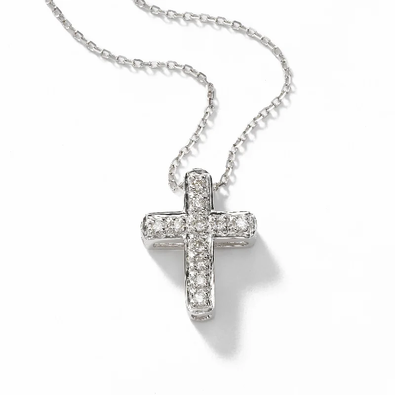 Women’s delicate necklace-Small Diamond Cross, .50 inch long pendant, 14K WG