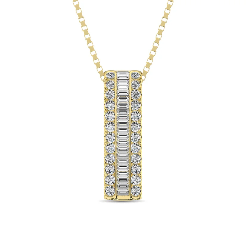 Women’s anniversary necklace-14K Yellow Gold Round and Baguette Diamond 1/3 Ct.Tw. Drop Bar Pendant