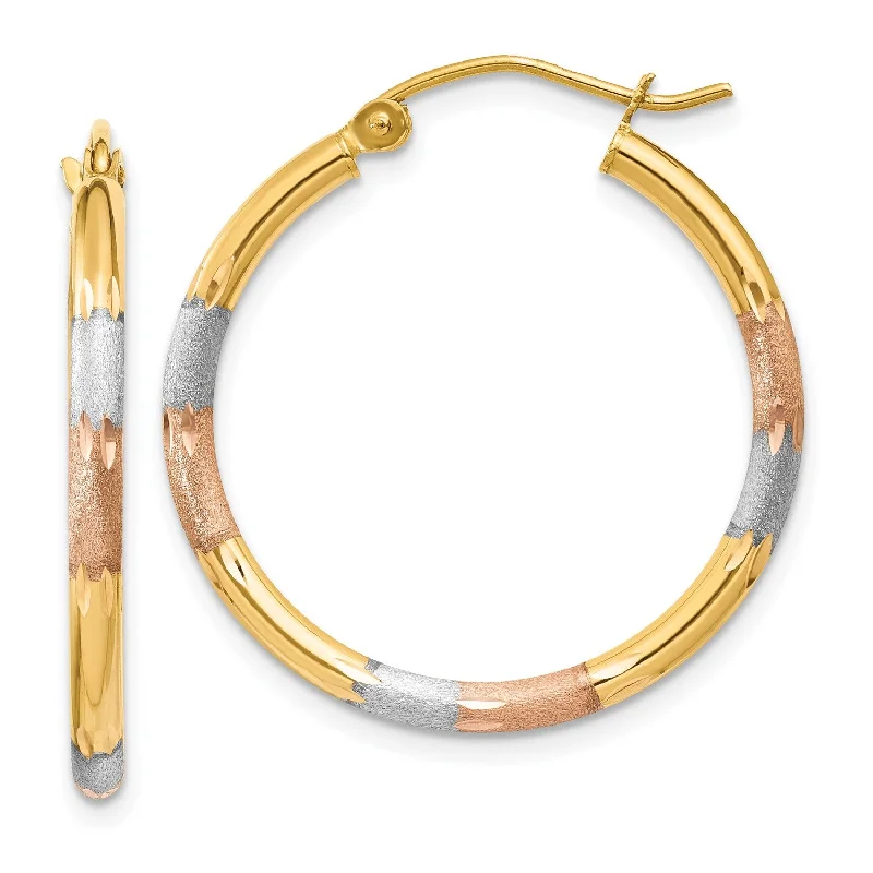 Women’s silver hoop drop earrings-14KT Gold Tri-Color 22X2MM Diamond-cut Hoop Earrings