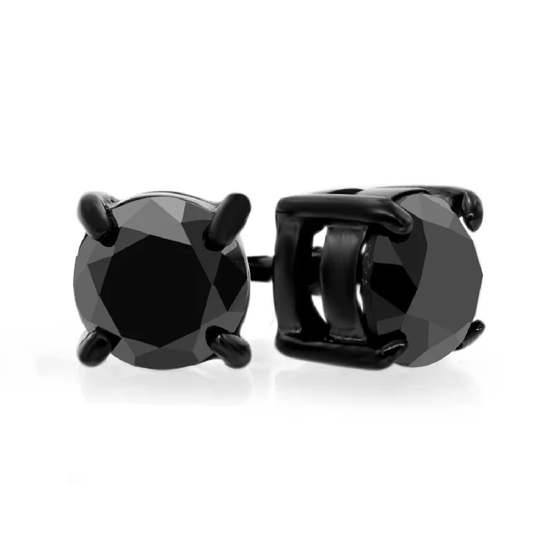 Women’s stud earrings-Black IP Stainless Steel 2 CTW Round Black Diamond Solitaire Stud Earrings