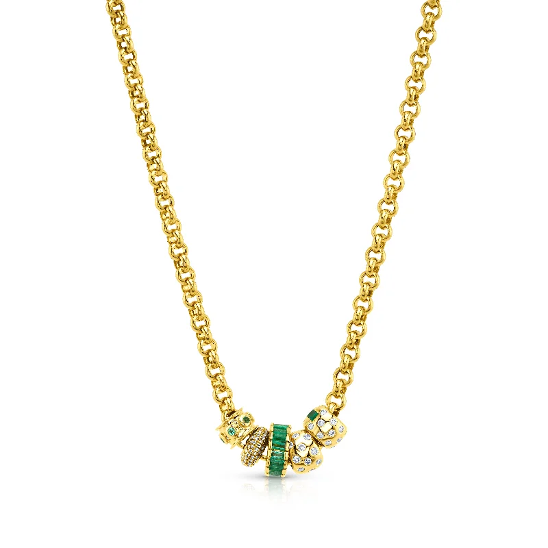 Women’s silver chain necklace-4MM ROLO CHAIN & EMERALD BEADS, 14kt GOLD