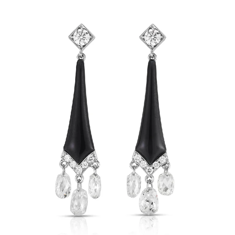 Women’s statement earrings-Black Enamel & Briolette Diamond Earrings