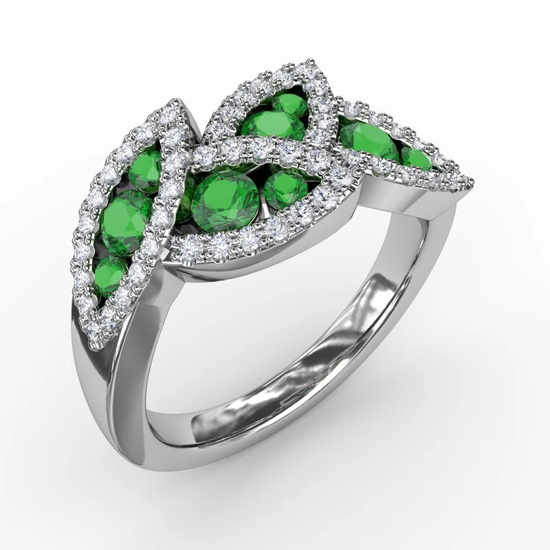 Women’s stacked engagement ring-Glam Galore Emerald and Diamond Leaf Ring R1597E