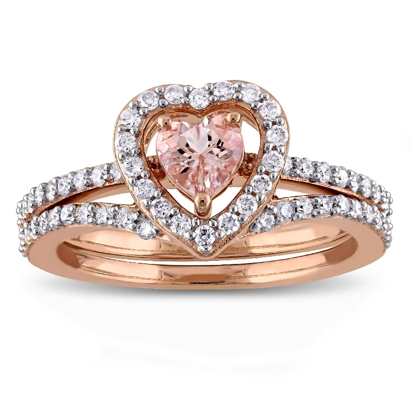 Women’s mixed-metal ring-Miadora Signature Collection 10k Rose Gold Morganite and 1/2ct TDW Diamond 2-Piece Bridal Ring Set - Pink