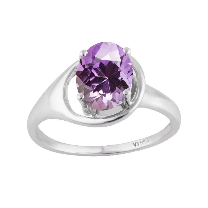 Women’s large gemstone ring-Sterling Silver with Natural Amethyst Soliltaire Ring