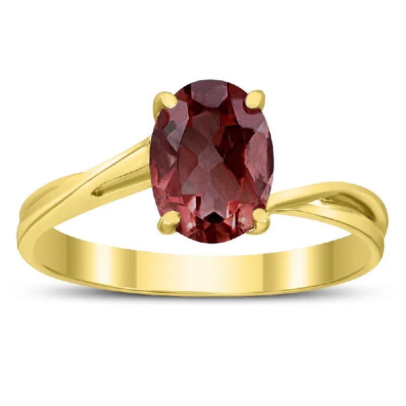 Women’s handmade ring-Solitaire Oval 8X6MM Garnet Gemstone Twist Ring in 10K Yellow Gold