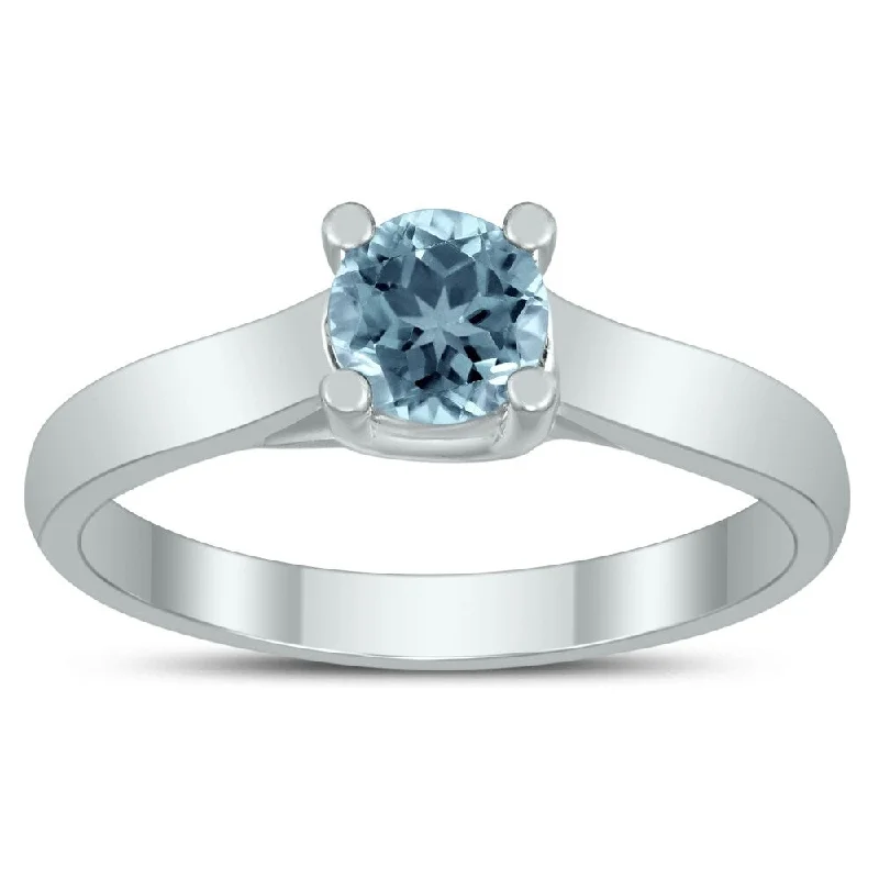 Women’s large gemstone ring-Round 5MM Aquamarine Cathedral Solitaire Ring in 10K White Gold